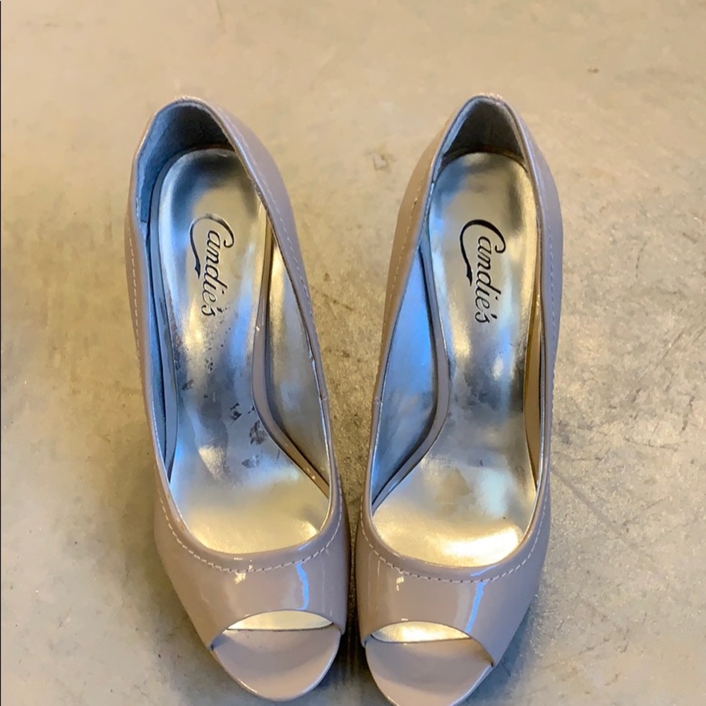 Nude open toe high heel.